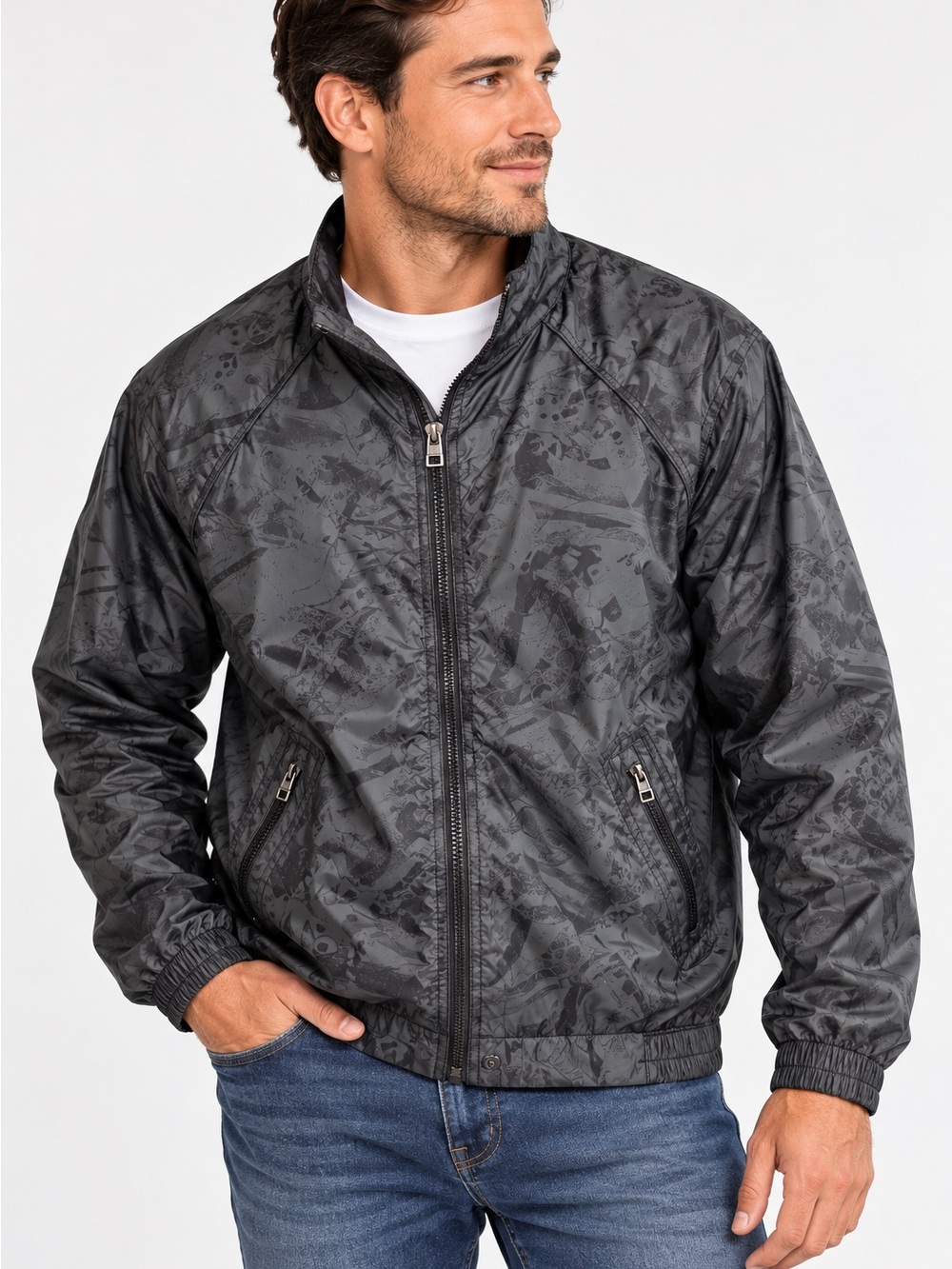 DKNY Men's Dark Grey Camouflage-Print Lightweight Zip Jacket Y2K Streetwear L